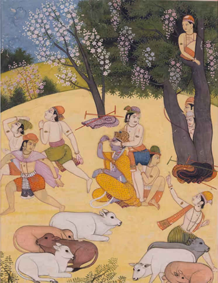 Artwork titled Krishna Playing ‘Blind Man’s Bluff’ with fellow Cowherds by Miniature