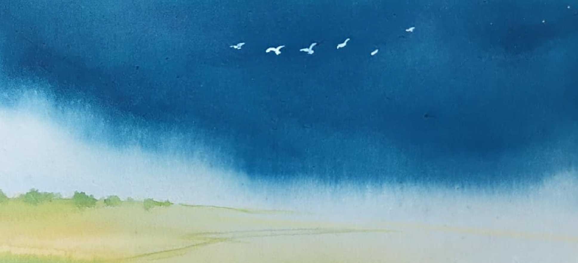 Indian Wash Painting landscape with layered watercolour washes.