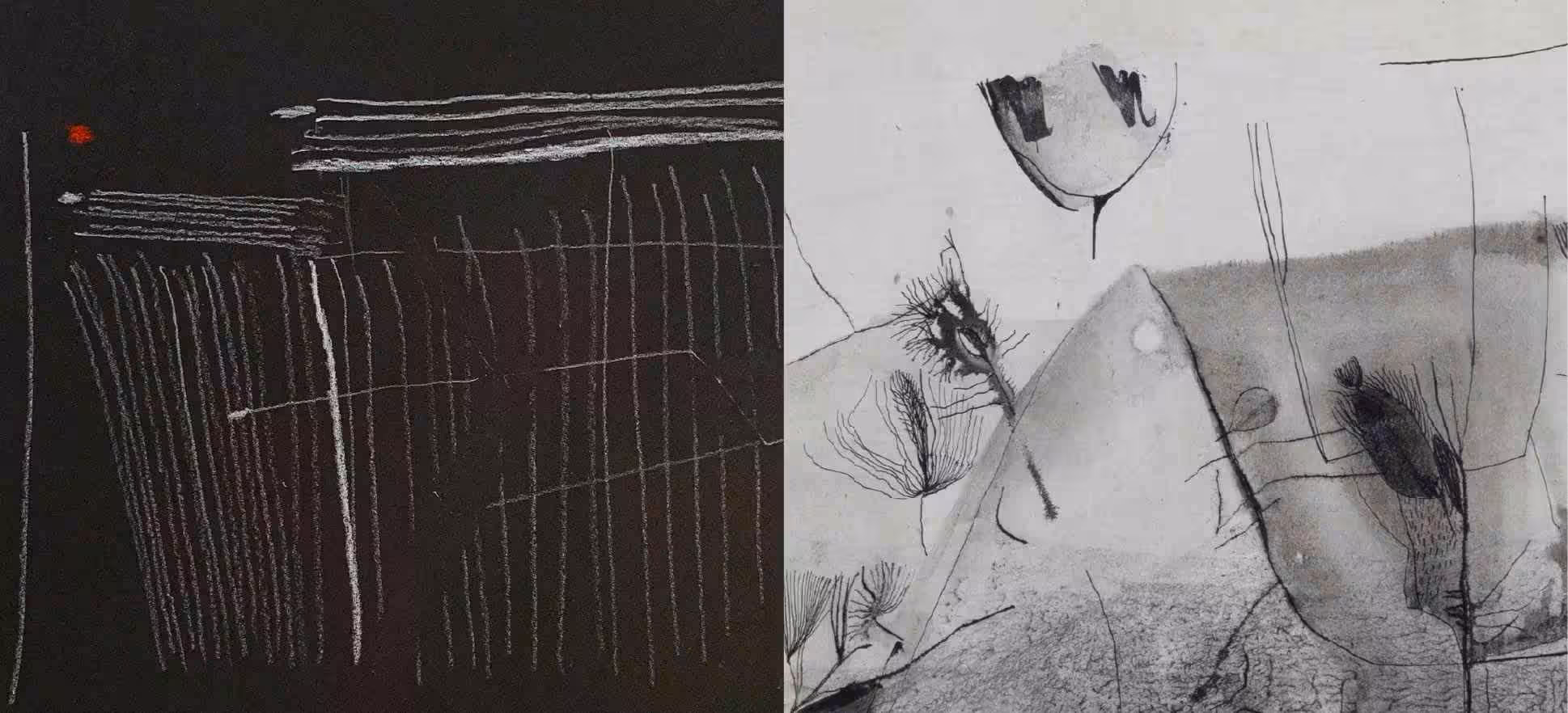 Side-by-side works by Bice Lazzari (left) and Nasreen Mohamedi (right), bringing together abstract linear forms, grids and gestural marks in contrasting black-and-white compositions.